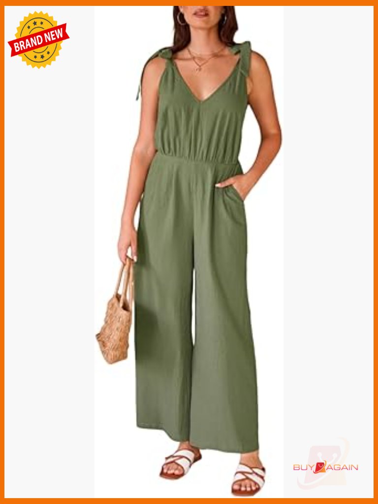 Women's Summer Jumpsuit 100% Cotton Beach Vacation V Neck Tie Strap Sleeveless